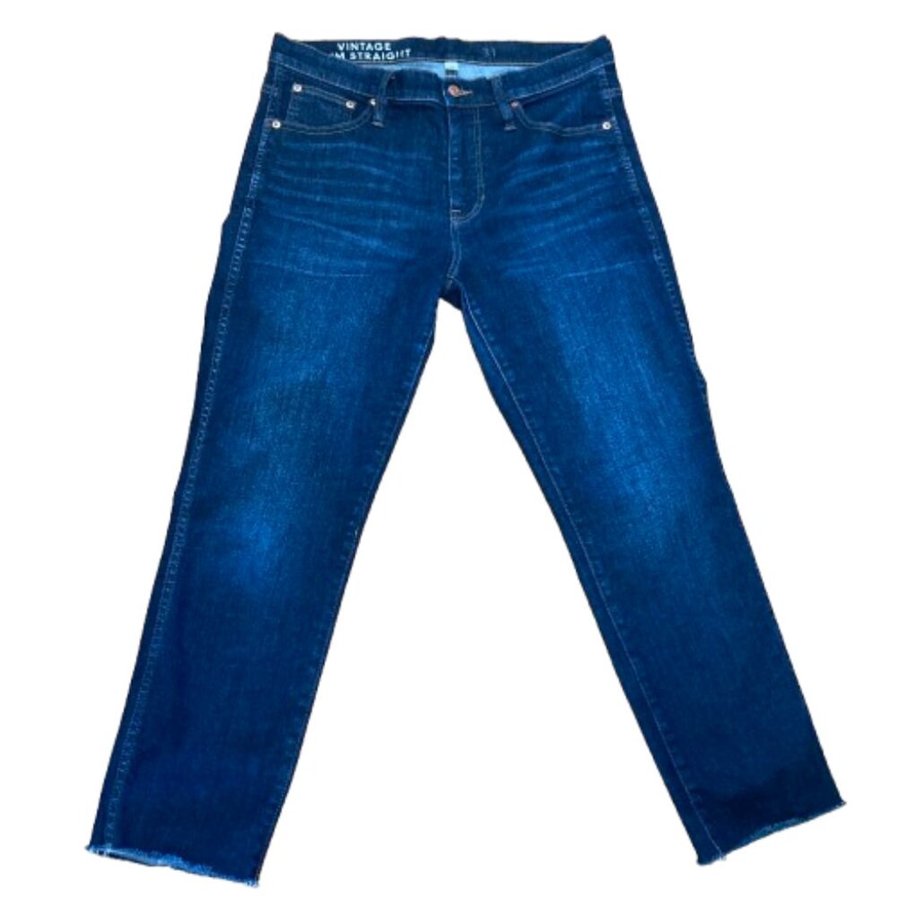 J. Crew Vintage Jeans Ankle Slim Straight 31 High Rise Dark Blue, Raw Hem